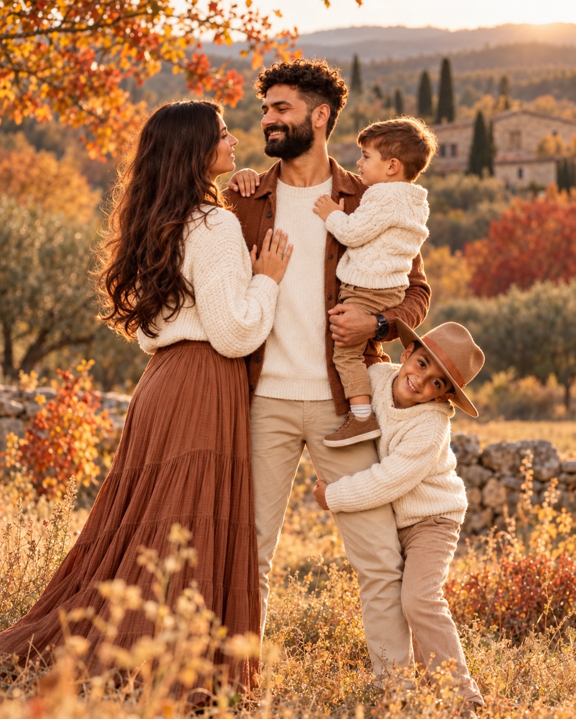 Famille réunie dans un paysage automnal au coucher du soleil