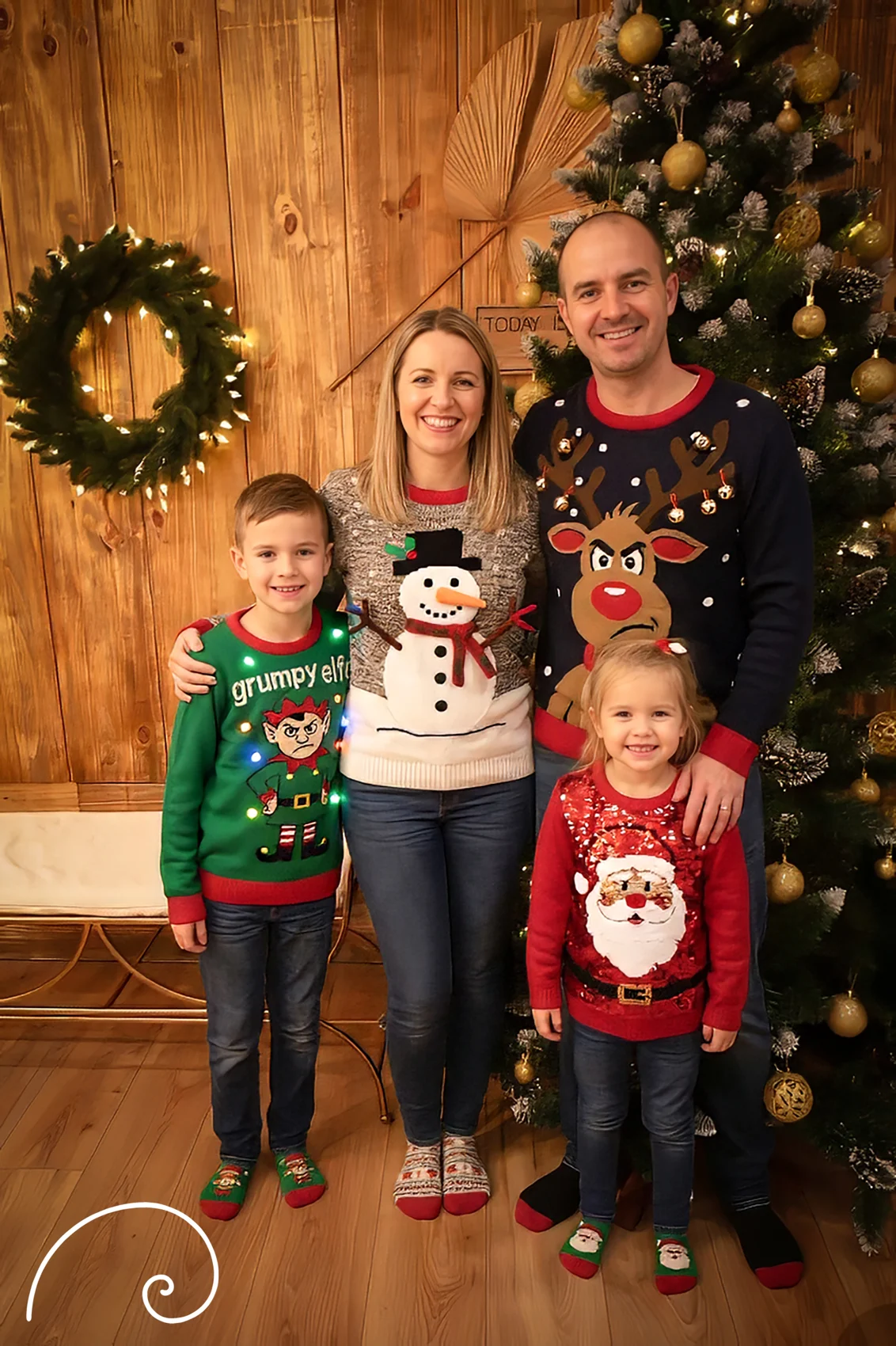 Parents et enfants dans le décor de Noël du studio