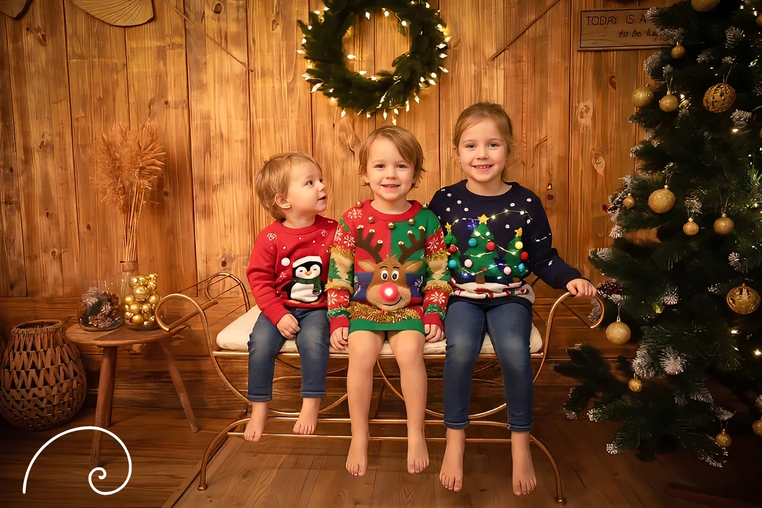 Trois enfants réunis dans le décor de Noël